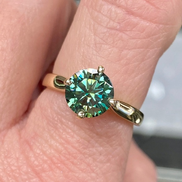 14k Yellow Gold 1 Carat Teal Blue / Aqua Diamond Moissanite Engagement Ring - Picture 7 of 14